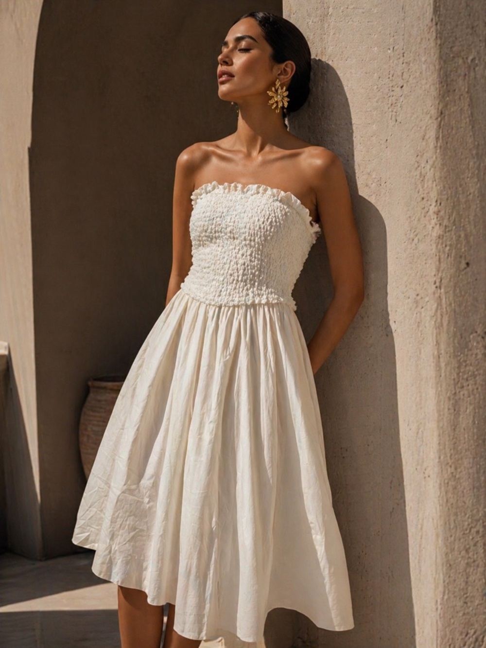 Rare London White Strapless Smocked Midi Dress Size 10 Summer Chic NWT